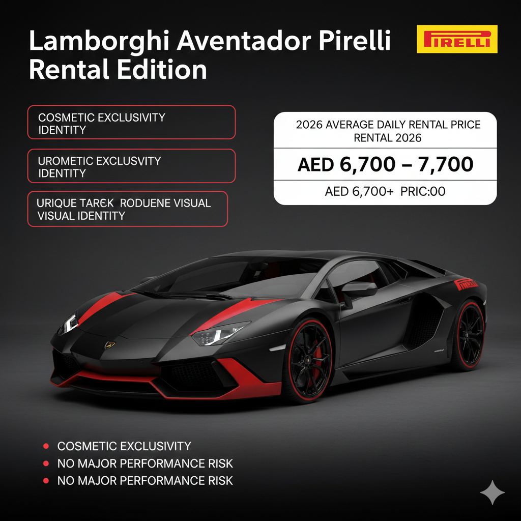 Alt Text: A matte black Lamborghini Aventador Pirelli Edition with signature red accents and thin red pinstriping along the roofline and tires. The graphic displays a daily rental price of AED 6,700 – 7,700 and highlights "Cosmetic Exclusivity" as a key rental factor in the Dubai market.