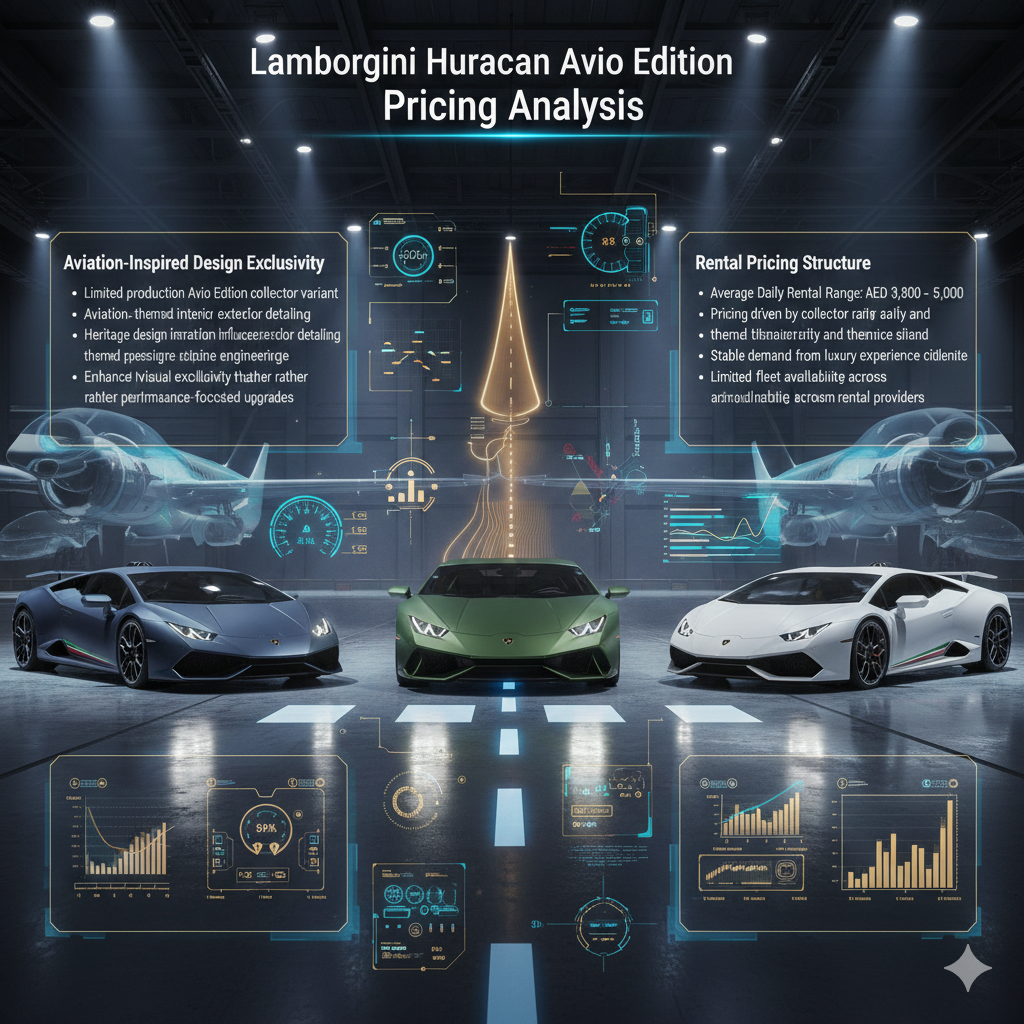 Lamborghini Huracan Avio Edition Pricing Analysis Futuristic Lamborghini Huracan Avio Edition pricing infographic showing aviation-inspired supercars inside a luxury aircraft hangar with holographic panels highlighting collector exclusivity and rental pricing.