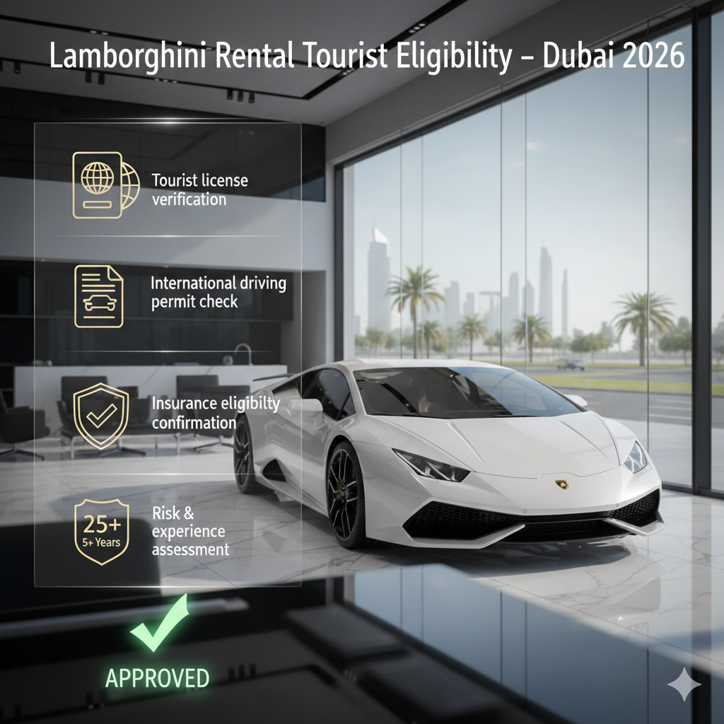 Lamborghini rental tourist eligibility in Dubai showing passport verification, international driving permit check, insurance approval, and eligibility screening for visitors in 2026.