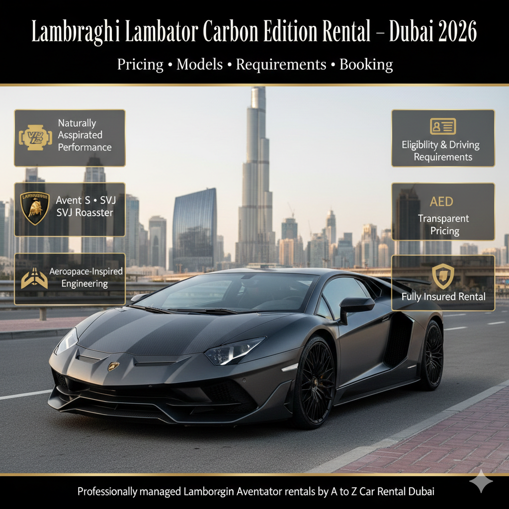 A matte black Lamborghini Aventador Carbon Edition parked on a Dubai boulevard with the Burj Khalifa in the background, featuring information panels for rental requirements and pricing.