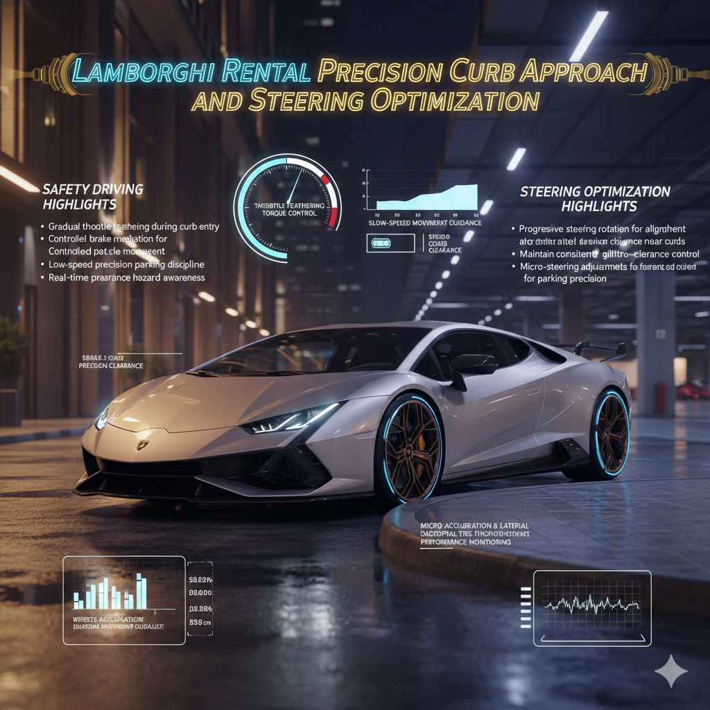 Lamborghini supercar carefully approaching luxury urban curb during valet parking with steering optimization, throttle control, and splitter clearance safety visualization overlays.
