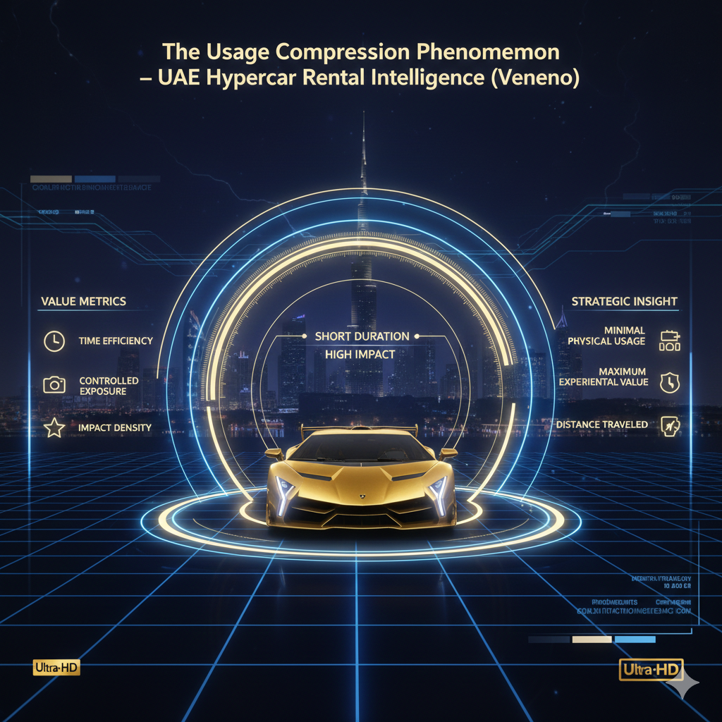 Animated luxury infographic showing a Lamborghini Veneno surrounded by time-based energy rings and strategic value indicators, explaining the usage compression concept in UAE hypercar rentals where impact and prestige outweigh distance traveled.