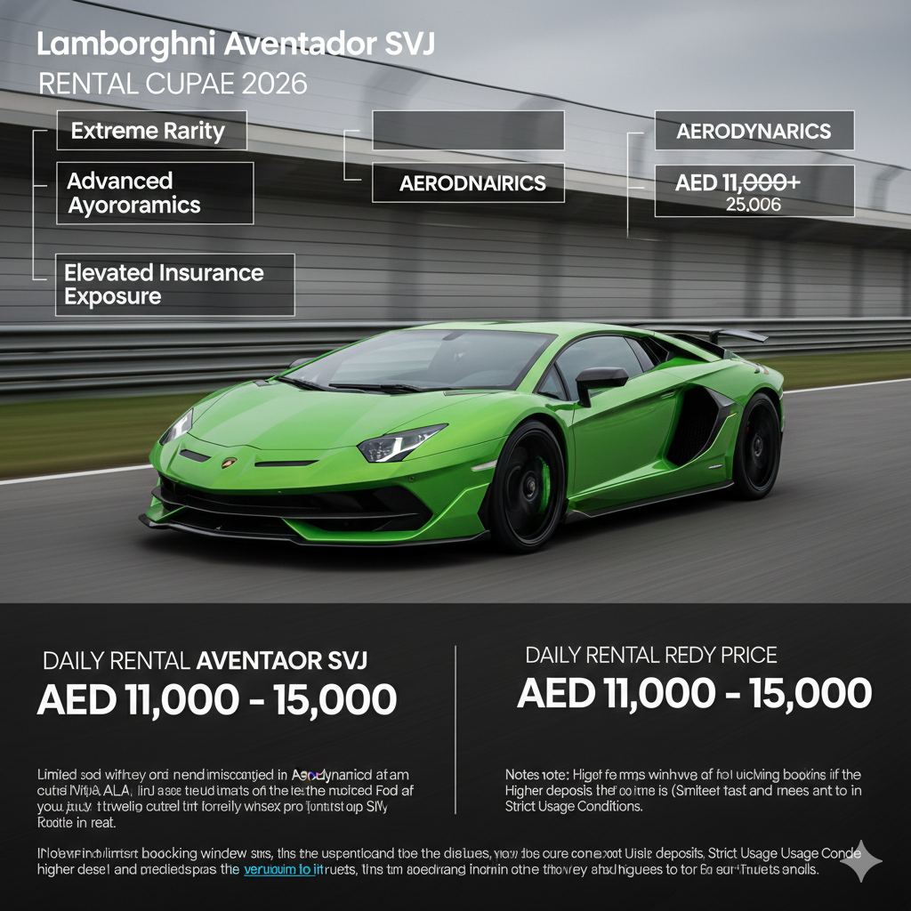 Alt Text: A vibrant green (Verde Alceo) Lamborghini Aventador SVJ speeding on a professional race track. The graphic features technical callouts for "Extreme Rarity" and "Advanced Aerodynamics," stating a daily rental price of AED 11,000 – 15,