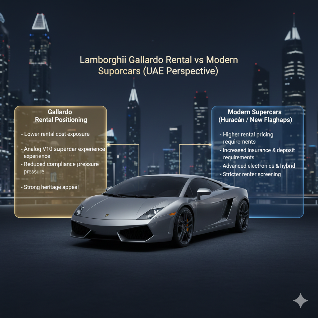 Animated luxury infographic comparing Lamborghini Gallardo rental positioning with modern supercars in the UAE luxury rental market.
