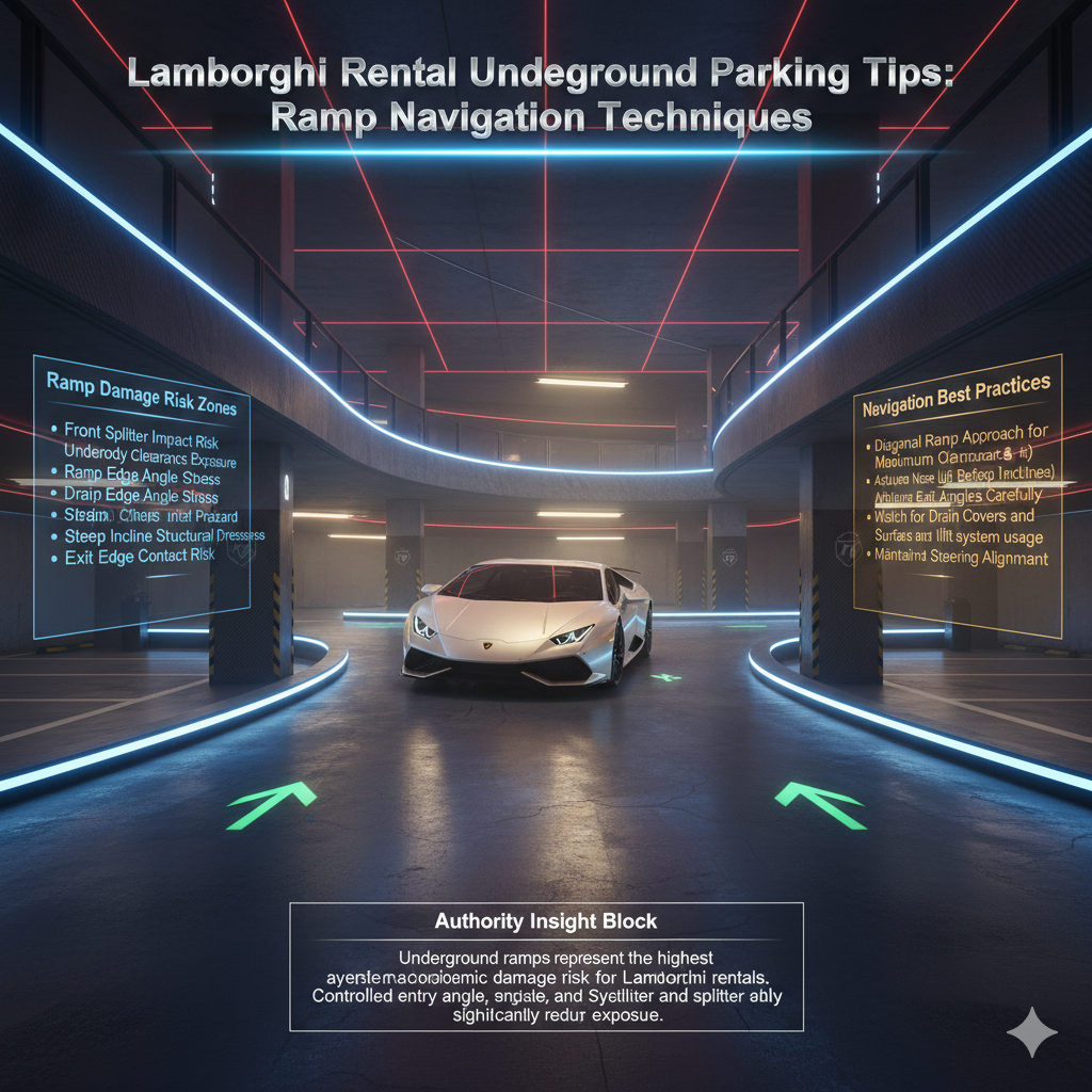 Lamborghini supercar navigating luxury underground parking ramp with animated clearance safety guidance and hazard visualization