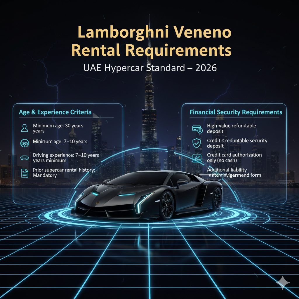 Animated infographic showing a Lamborghini Veneno with eligibility and financial requirement panels, outlining age limits, driving experience, supercar rental history, and security deposit rules for Veneno rentals in the UAE.