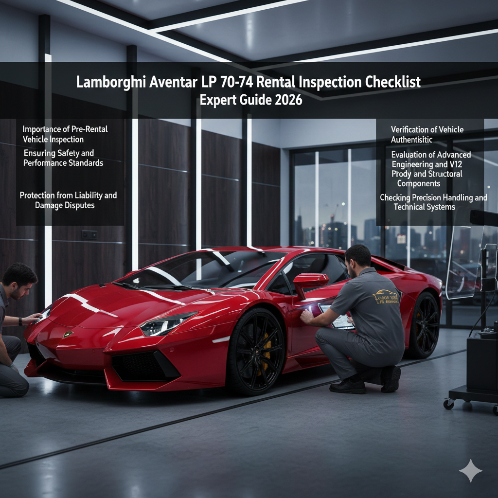 Lamborghini Aventador LP 700-4 undergoing professional rental inspection at luxury Dubai car rental facility