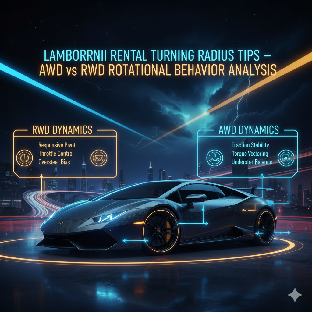 Animated luxury infographic showing a Lamborghini supercar with a top heading and side panels comparing AWD and RWD turning radius behavior, featuring neon lighting, flowing sky effects, and a futuristic Dubai-inspired background.