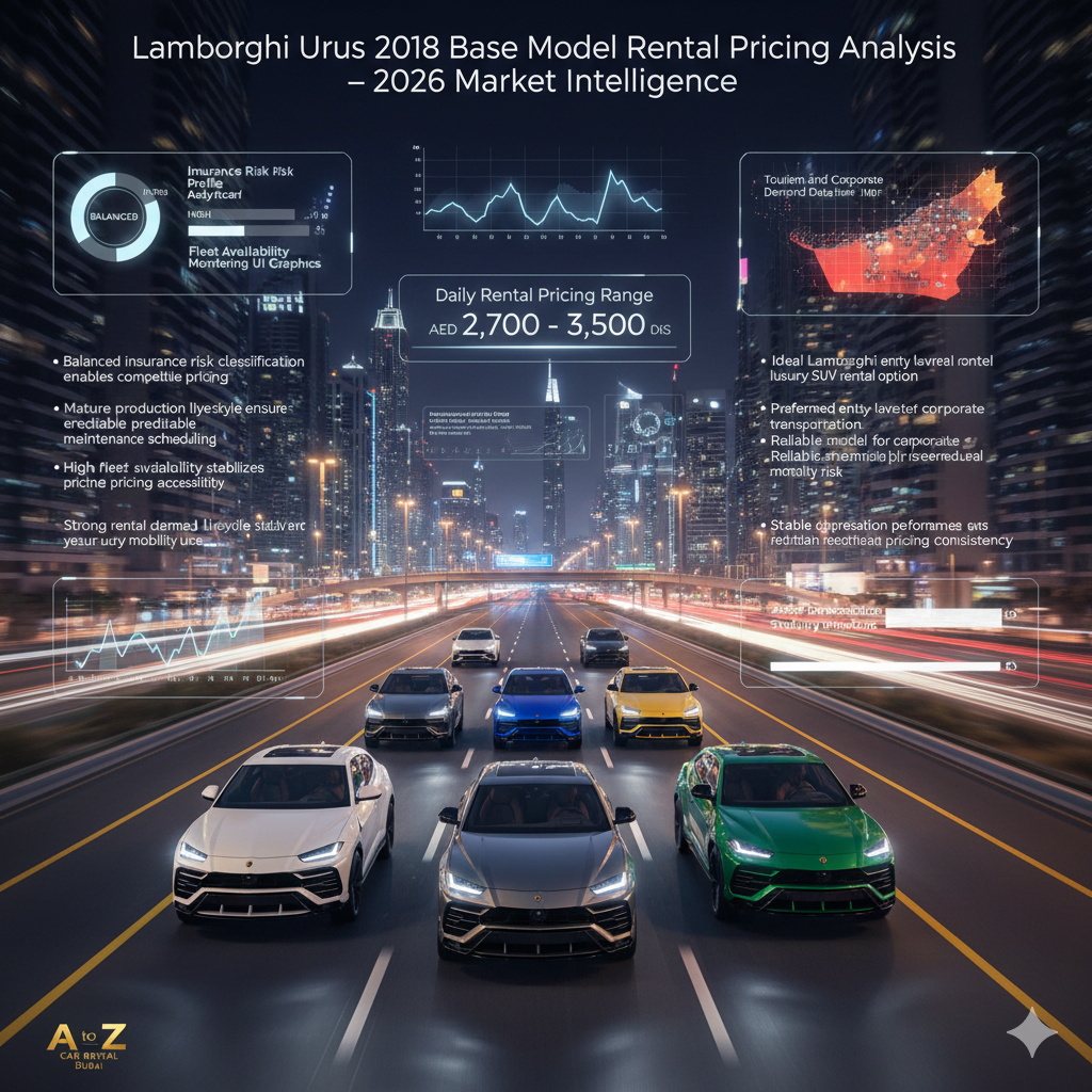 Multiple Lamborghini Urus 2018 Base Model SUVs in different luxury colors showcasing rental pricing analytics on an animated Dubai urban highway background with financial data overlays