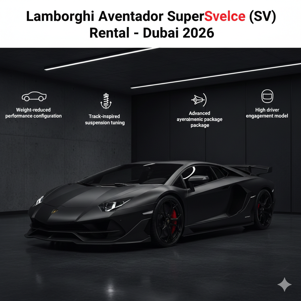 Lamborghini Aventador SuperVeloce SV rental in Dubai, high-performance V12 supercar with aggressive aero and track-focused design, UAE 2026.