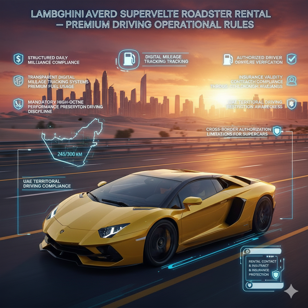 Lamborghini Aventador SuperVeloce Roadster Rental Operational Rules for Premium Driving Experience Yellow Lamborghini Aventador SuperVeloce Roadster driving on UAE luxury highway highlighting rental operational rules and performance driving compliance