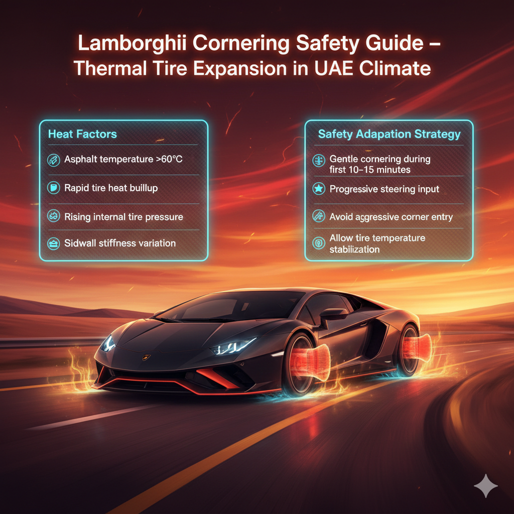 Animated infographic illustrating Lamborghini cornering safety in UAE heat, showing thermal tire expansion effects, asphalt heat waves, steering grip variation, and stabilization strategies in a Dubai road environment.