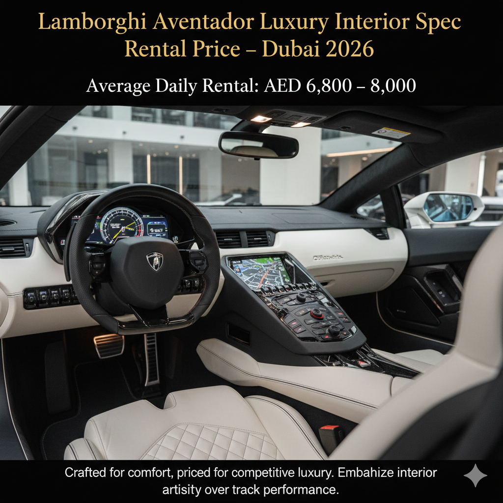 Alt Text: A high-end interior perspective of a Lamborghini Aventador featuring a cream and black leather "Luxury Spec" cockpit. The image showcases diamond-stitched seating and carbon fiber accents with a text overlay indicating a daily rental rate of AED 6,800 – 8,000 for 2026.

