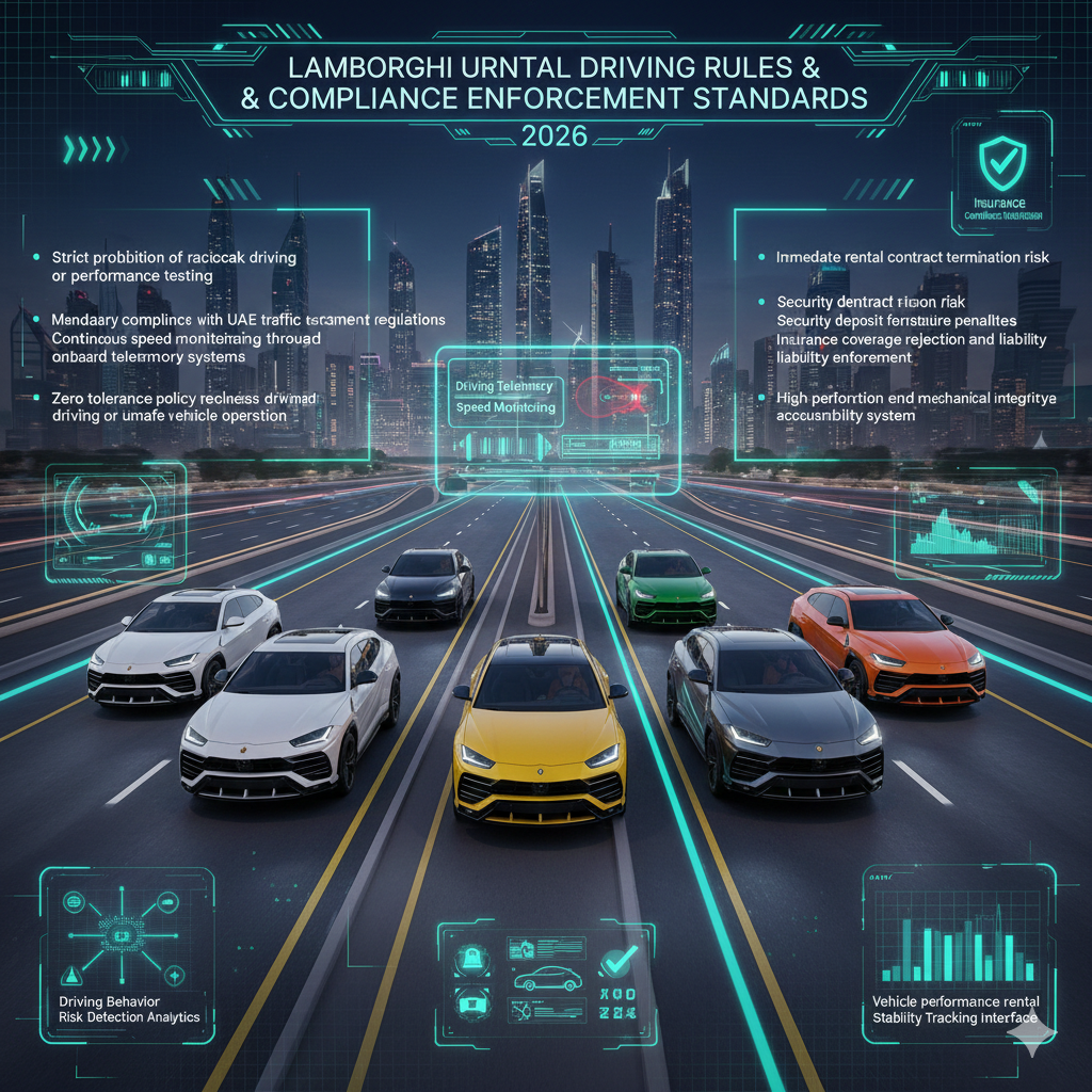 Multiple Lamborghini Urus SUVs in different colors driving on animated Dubai luxury highway with driving compliance rules, telemetry monitoring, and operational restriction safety overlays