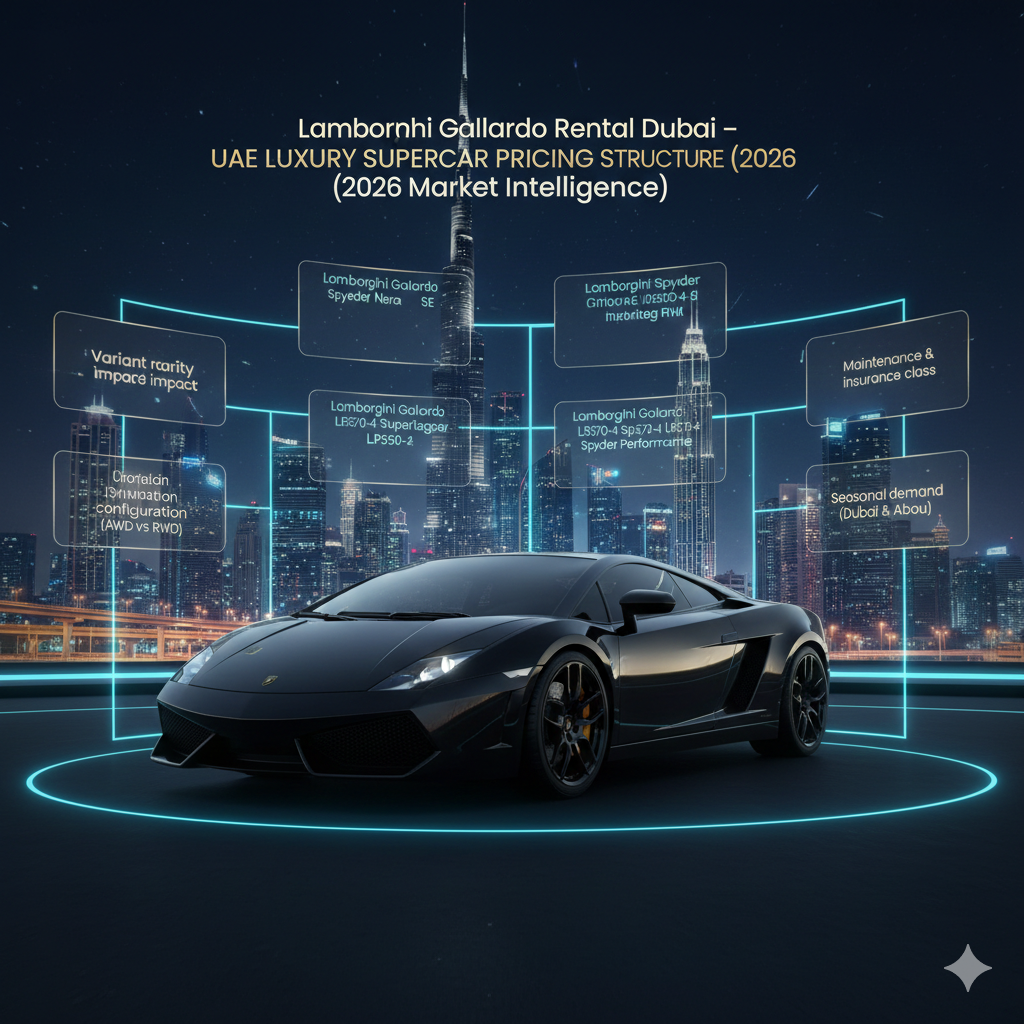 Animated luxury infographic showing a Lamborghini Gallardo against a futuristic Dubai skyline with Burj Khalifa, presenting the 2026 rental pricing structure across multiple Gallardo variants in the UAE luxury supercar market.