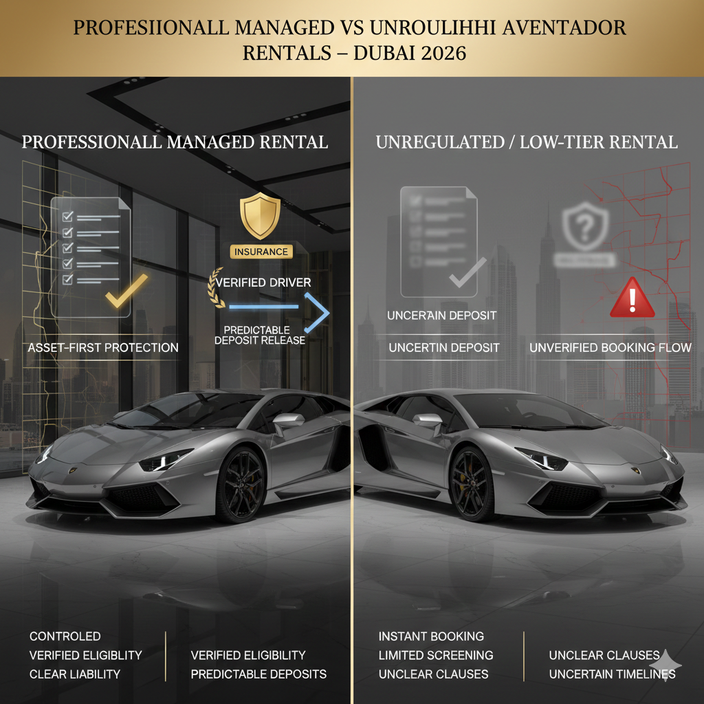 A high-end split-screen editorial graphic comparing professionally managed Lamborghini rentals with unregulated offers. The left side features a "Verified" status with insurance shields and asset protection labels. The right side shows warning icons and "Unverified" booking flow labels, emphasizing the security of professional fleet management in Dubai.