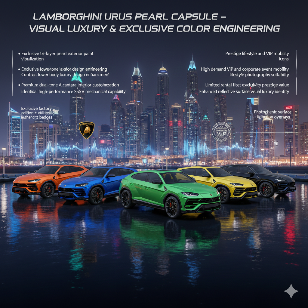 Lamborghini Urus Pearl Capsule luxury SUV featuring pearl finish paint, dual-tone interior, and premium Dubai skyline background