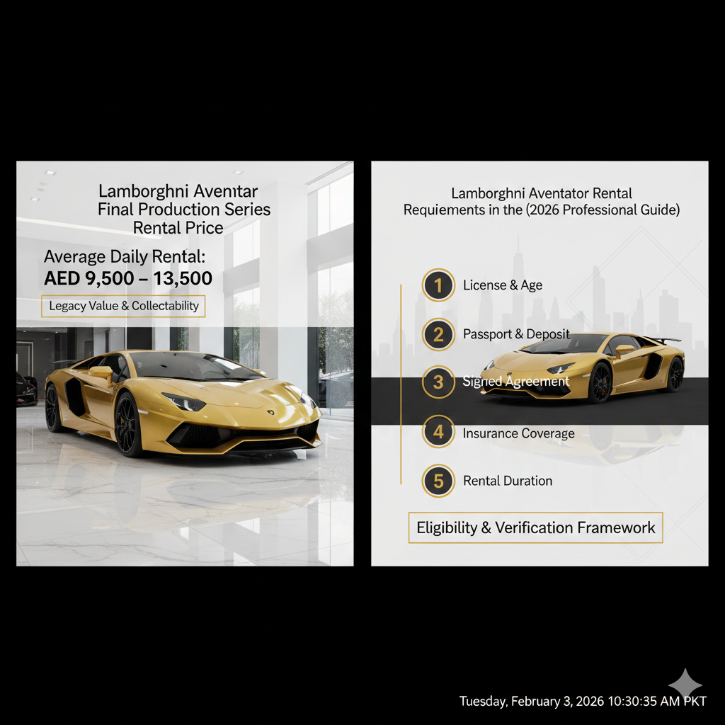 A dual-panel luxury infographic. The left panel shows a gold Lamborghini Aventador Ultimae in a marble showroom with a rental price of AED 9,500 – 13,500. The right panel lists five core rental requirements: License & Age, Passport & Deposit, Signed Agreement, Insurance Coverage, and Rental Duration.