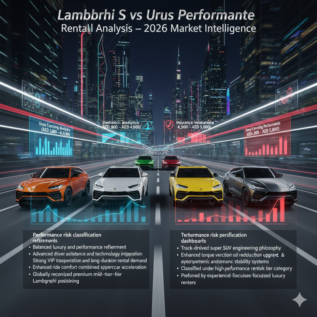 Multiple Lamborghini Urus S and Urus Performante SUVs in different luxury performance colors driving together on animated Dubai highway with premium rental pricing comparison overlays