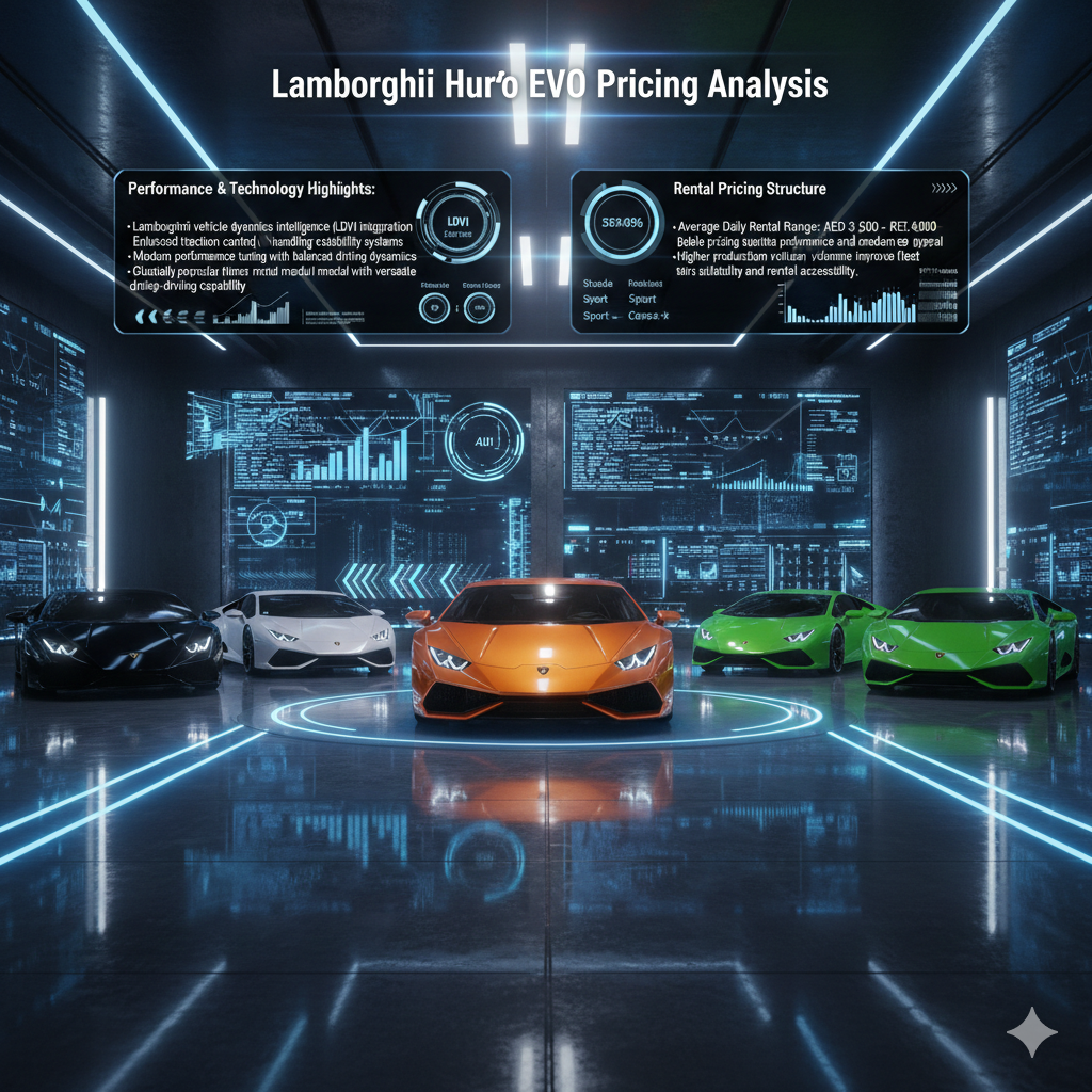 Futuristic Lamborghini Huracan EVO pricing infographic showing performance models with holographic panels highlighting vehicle dynamics intelligence, traction technology, and rental pricing range. Futuristic Lamborghini Huracan EVO pricing infographic showing performance models with holographic panels highlighting vehicle dynamics intelligence, traction technology, and rental pricing range.