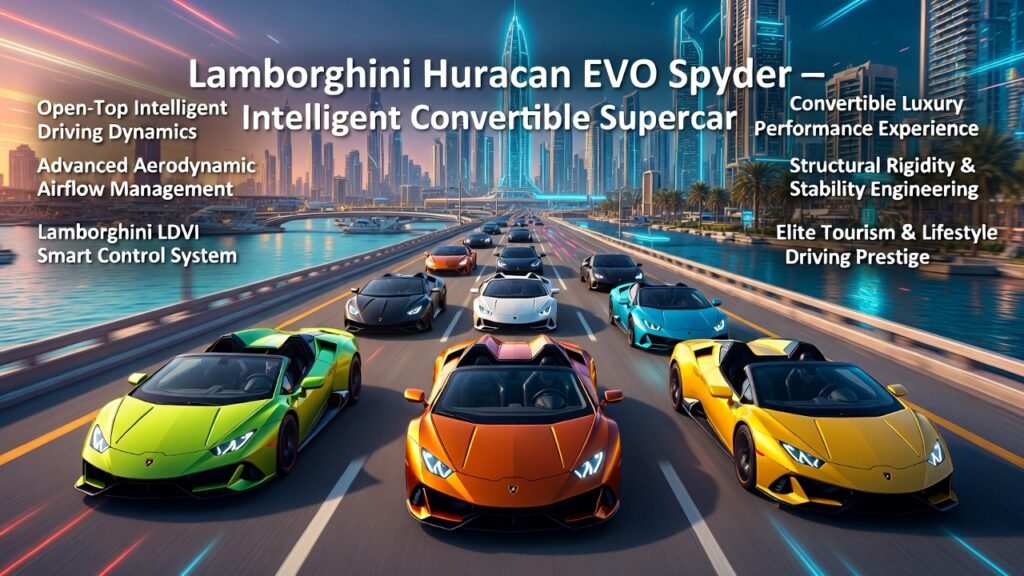 Lamborghini Huracan EVO Spyder Convertible Luxury Supercar Experience Dubai Multiple Lamborghini Huracan EVO Spyder convertible supercars in different luxury colors driving along an animated Dubai marina highway with futuristic skyline background