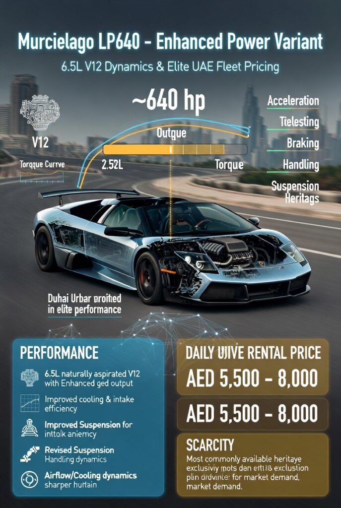 Animated infographic showing a Lamborghini Murcielago LP640 on a Dubai luxury performance route with 6.5L V12 telemetry overlays, acceleration and suspension visualization, interactive daily rental pricing (AED 5,500–8,000), and elite rental fleet/collector value indicators.