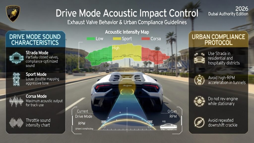 Animated infographic showing a Lamborghini on a Dubai urban street with exhaust valve telemetry, drive-mode sound overlays (Strada, Sport, Corsa), decibel intensity mapping, and urban compliance enforcement indicators.