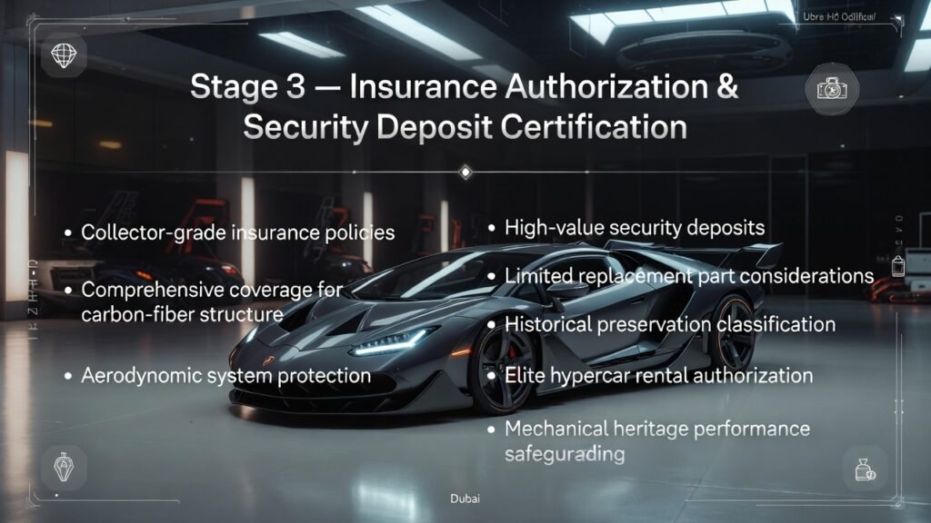 Luxury infographic showing Lamborghini Centenario at center with side bullet points highlighting collector-grade insurance, high-value security deposit, and elite rental authorization in a Dubai showroom.