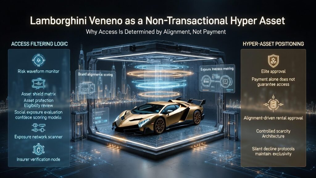 Animated infographic showing a Lamborghini Veneno inside a high-security luxury approval vault, surrounded by digital alignment scoring systems demonstrating how brand risk, insurer confidence, and exclusivity controls determine access instead of payment alone.