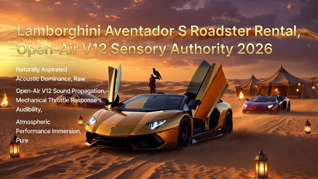 Lamborghini Aventador S Roadster Rental Open-Air V12 Luxury Desert Experience Dubai 2026 Lamborghini Aventador S Roadster displayed in luxury Arabian desert sunset with royal lounge and cinematic golden lighting