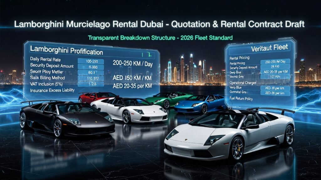 “Ultra-realistic cinematic infographic showing Lamborghini Murcielago rental quotation and contract breakdown in Dubai 2026. Displays daily rate, mileage limit, extra kilometer cost, VAT inclusion, insurance liability, Salik billing, fuel policy, and vehicle condition disclosure clause in a blue and green neon luxury contract interface.”