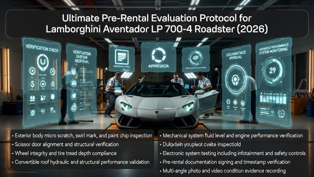Luxury infographic showing a Lamborghini Aventador Roadster undergoing a professional multi-point pre-rental inspection with certification checklist points displayed in a futuristic premium design.