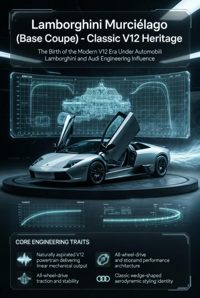 Animated infographic featuring a Lamborghini Murciélago Base Coupe displayed inside a futuristic heritage showroom in Dubai, with engineering telemetry overlays highlighting naturally aspirated V12 performance, AWD stability, analog driving dynamics, and collector significance within Lamborghini’s modern V12 evolution.