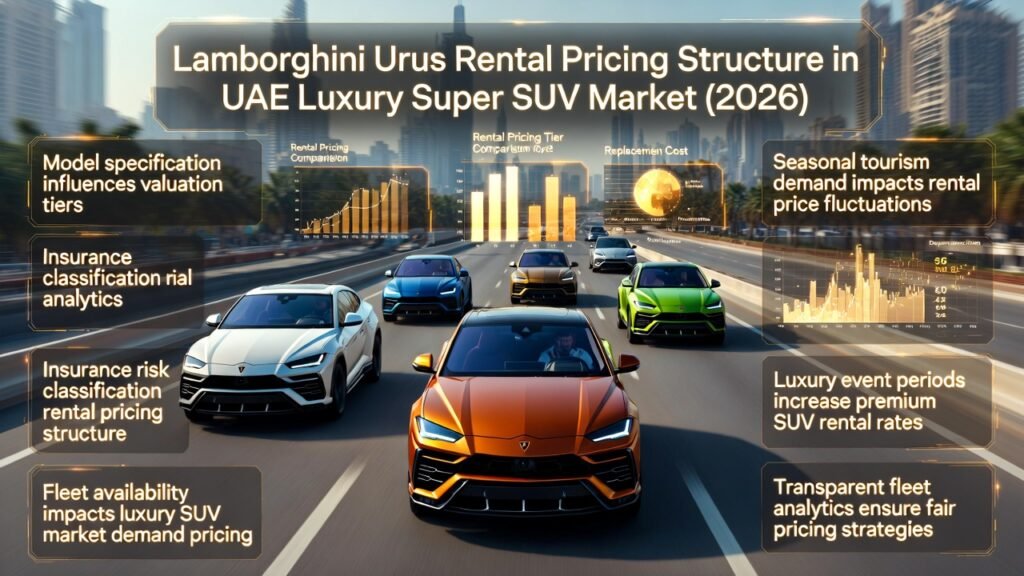 Multiple Lamborghini Urus luxury SUVs in different colors showcasing rental pricing tiers on an animated Dubai luxury financial district background with pricing analytics visuals