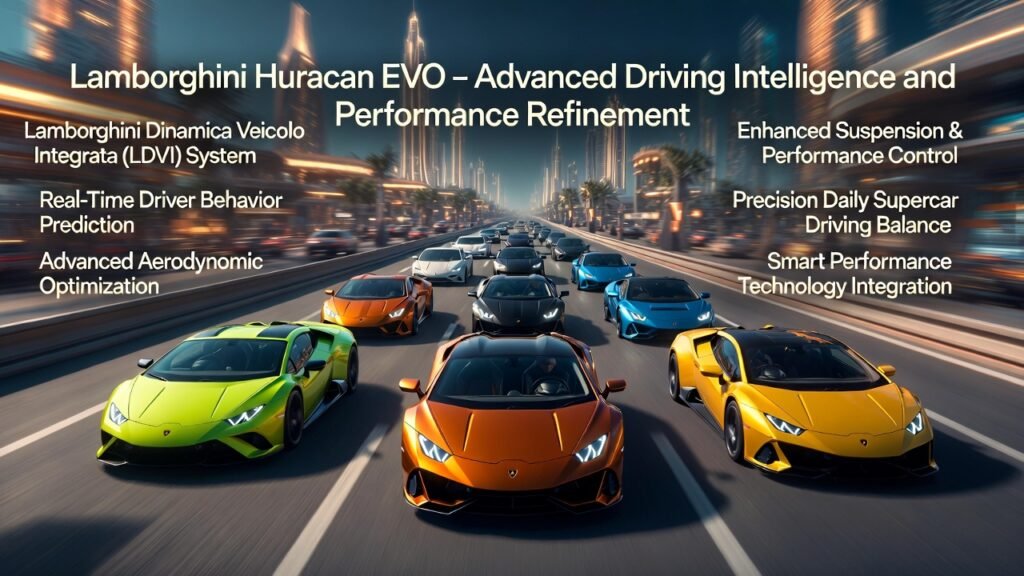 Lamborghini Huracan EVO Advanced Driving Intelligence Luxury Supercar Experience Dubai Multiple Lamborghini Huracan EVO supercars in different luxury colors driving on an animated futuristic Dubai highway showcasing intelligent performance technology and aerodynamic styling