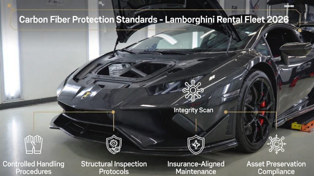 Lamborghini rental vehicle undergoing carbon fiber inspection and protection procedures in a professional Dubai supercar maintenance studio 2026.