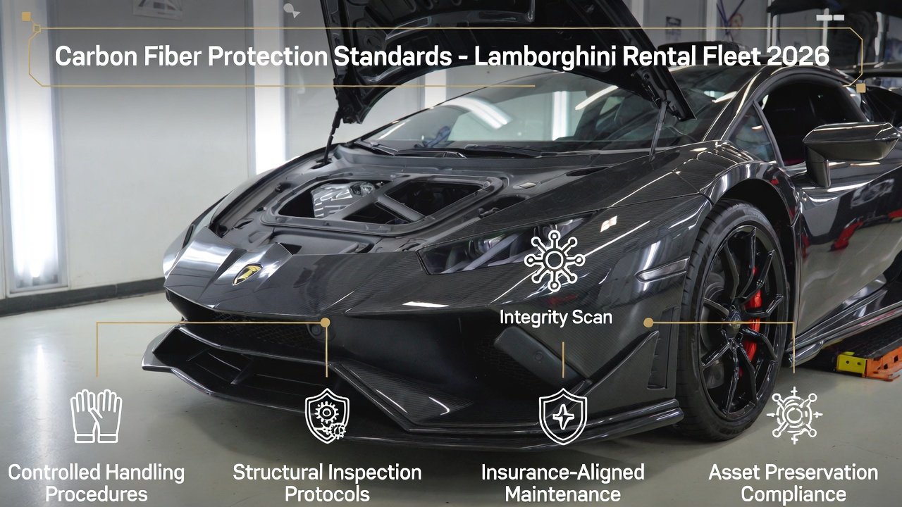 Lamborghini rental vehicle undergoing carbon fiber inspection and protection procedures in a professional Dubai supercar maintenance studio 2026.