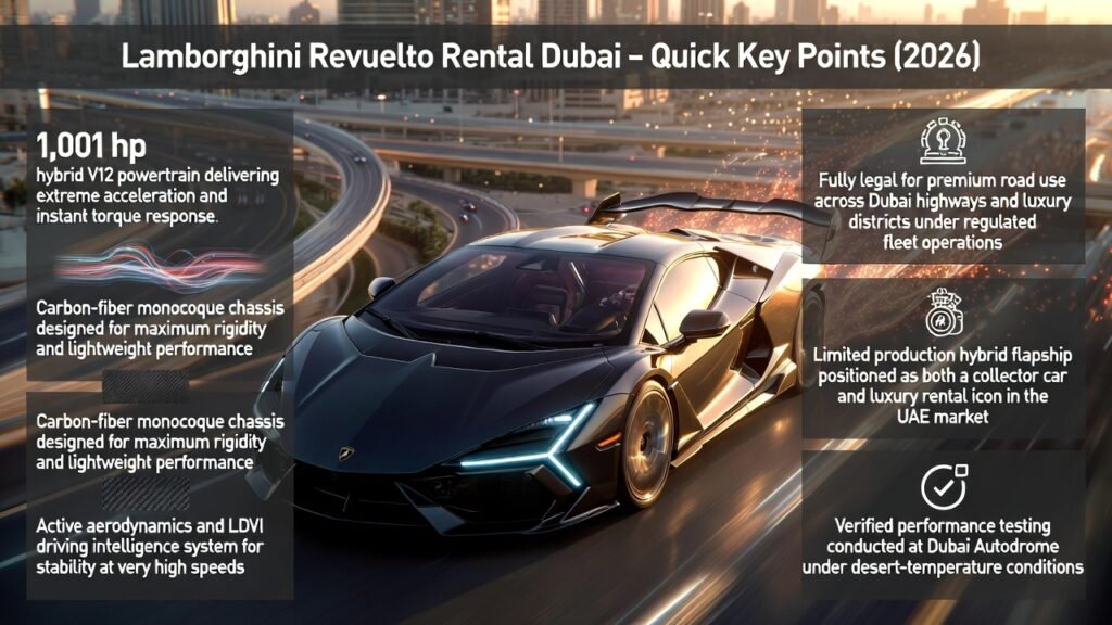 Lamborghini Revuelto hypercar infographic showing performance specs, rental insights, and hybrid V12 technology in a futuristic automotive guide layout.