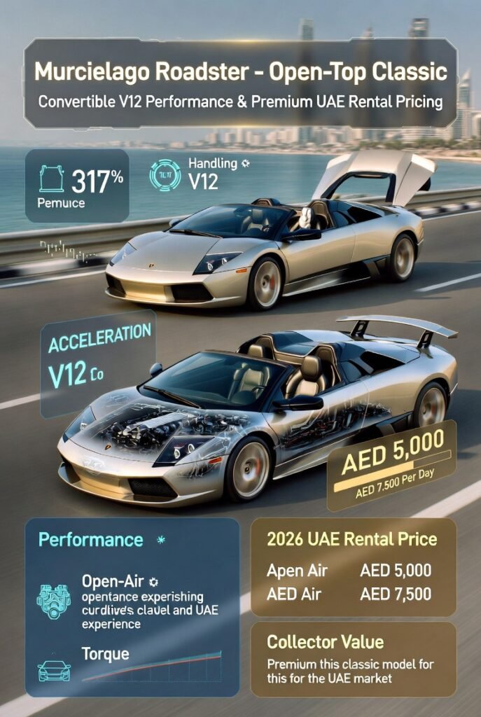 Animated infographic showing a Lamborghini Murcielago Roadster on a Dubai luxury route with convertible roof animation, V12 engine telemetry, interactive daily rental pricing (AED 5,000–7,500), and open-top exclusivity/collector value indicators.