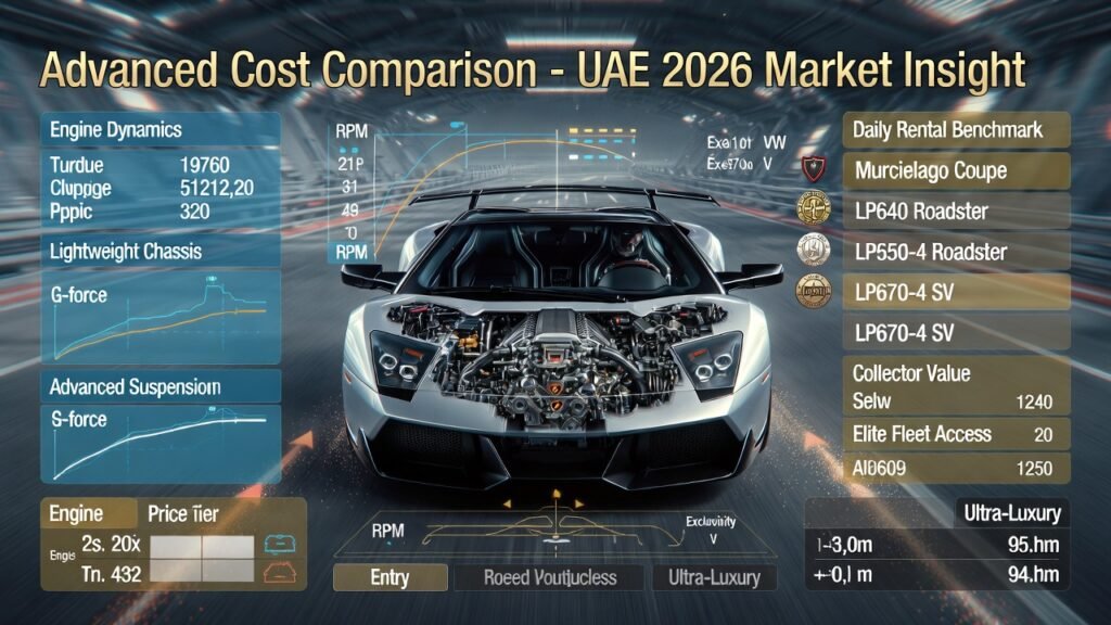 Ultra-realistic animated infographic displaying multiple Lamborghini Gallardo supercar variants including Coupe, Spyder, Superleggera, LP560-4, LP550-2, LP570-4, Balboni Edition, Tricolore, and Bicolore models positioned inside a luxury Dubai showroom and city night background with glowing neon lighting, reflective floor surfaces, and cinematic premium automotive presentation highlighting official Lamborghini factory production models available in 2026 rental and collector markets.