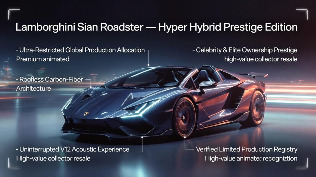 Ultra-realistic Lamborghini Sián Roadster hypercar in a cinematic luxury poster with bold title at top and animated side points highlighting its ultra-limited production and elite lifestyle prestige.