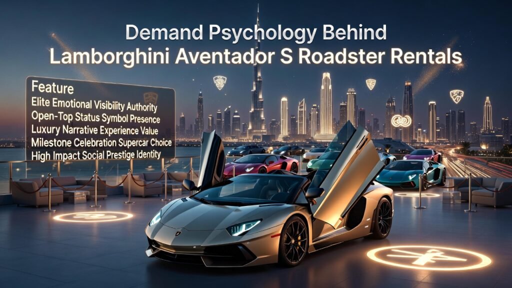 Lamborghini Aventador S Roadster Rental Demand Psychology Luxury Skyline Experience Dubai 2026 Multiple Lamborghini Aventador S Roadsters displayed on luxury Dubai rooftop skyline with glowing animated prestige lighting