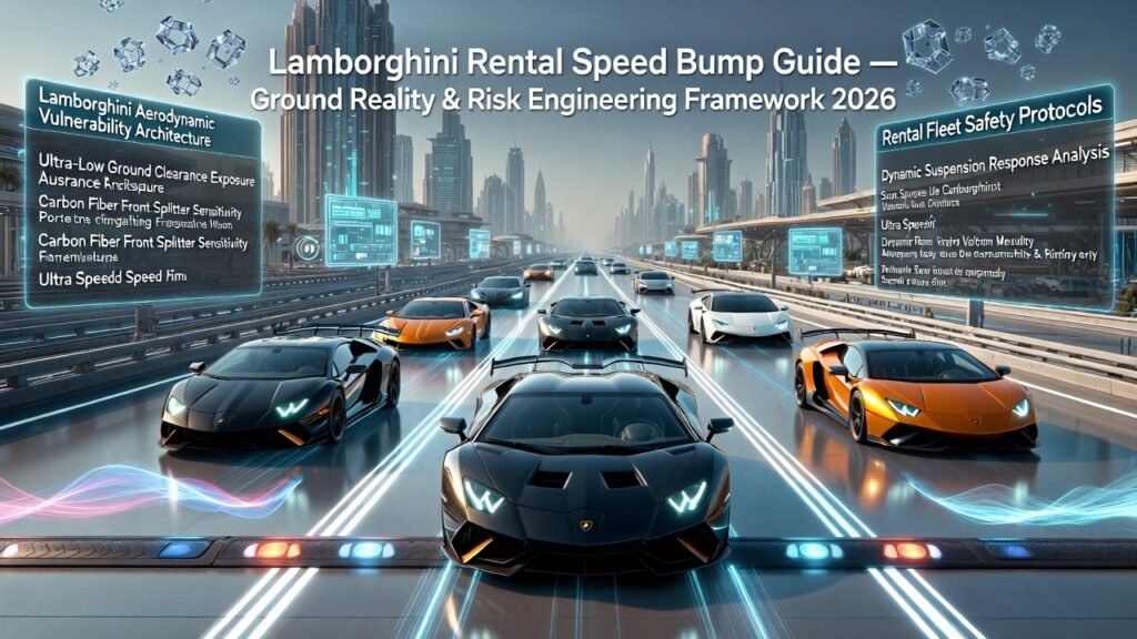 Multiple Lamborghini supercars demonstrating speed bump hazard awareness on futuristic luxury smart city highway with animated engineering overlays