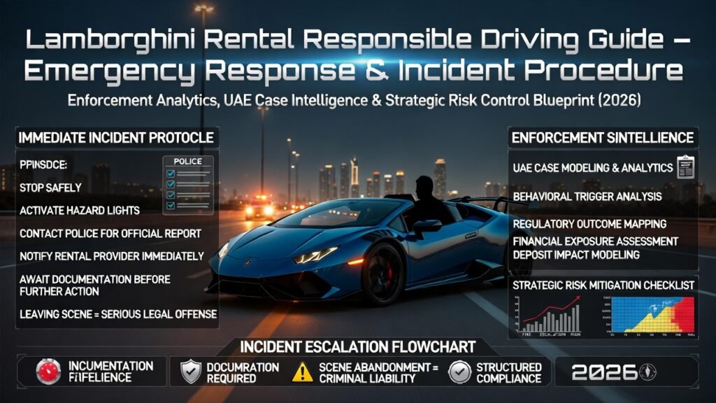 Blue and black Lamborghini safely stopped on Dubai roadside at night with hazard lights activated and digital compliance overlays showing emergency response steps and UAE enforcement analytics.