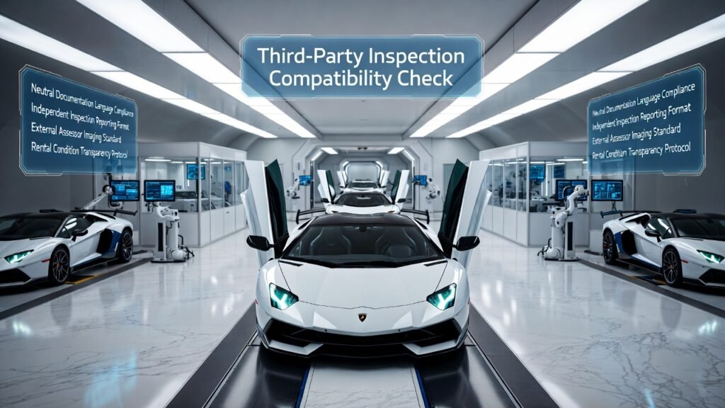 Third-Party Lamborghini Aventador S Inspection Compatibility Rental Verification Guide Dubai 2026 Lamborghini Aventador S inside independent luxury supercar audit laboratory with holographic third-party inspection compatibility panels