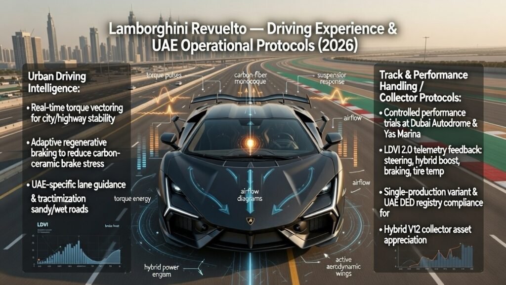 Infographic showing Lamborghini Revuelto at center with left-side urban driving intelligence (torque vectoring, regenerative braking, lane guidance) and right-side track/performance handling plus collector protocols (telemetry, single variant, DED compliance, hybrid V12 asset appreciation).