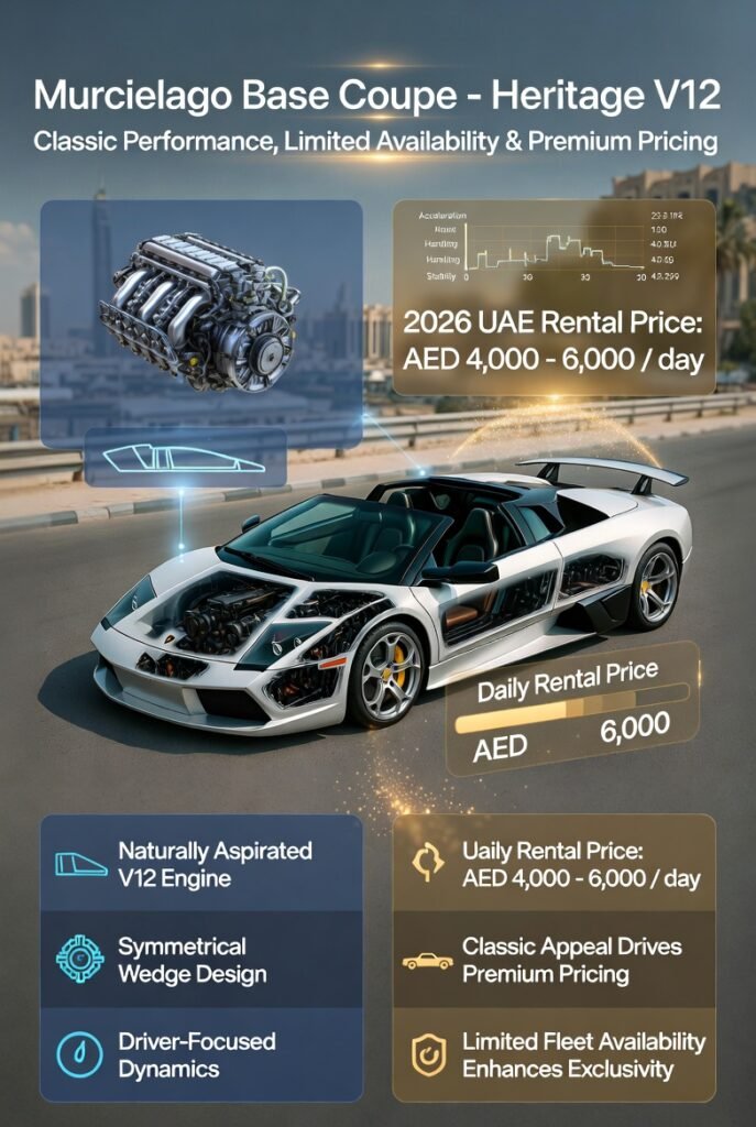 Animated infographic showing a Lamborghini Murcielago Base Coupe on a Dubai luxury street with naturally aspirated V12 telemetry overlays, interactive daily rental pricing (AED 4,000–6,000), limited fleet scarcity indicators, and collector-value visualization.