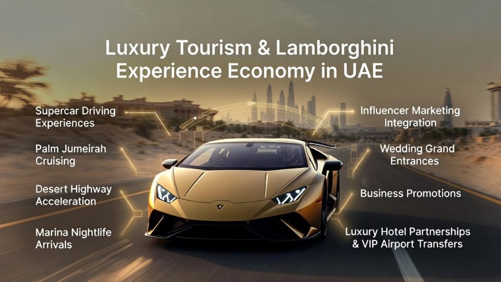 Lamborghini supercar infographic showing luxury tourism experiences in Dubai including Palm Jumeirah cruising, desert drives, Marina nightlife, influencer marketing, weddings, and VIP travel