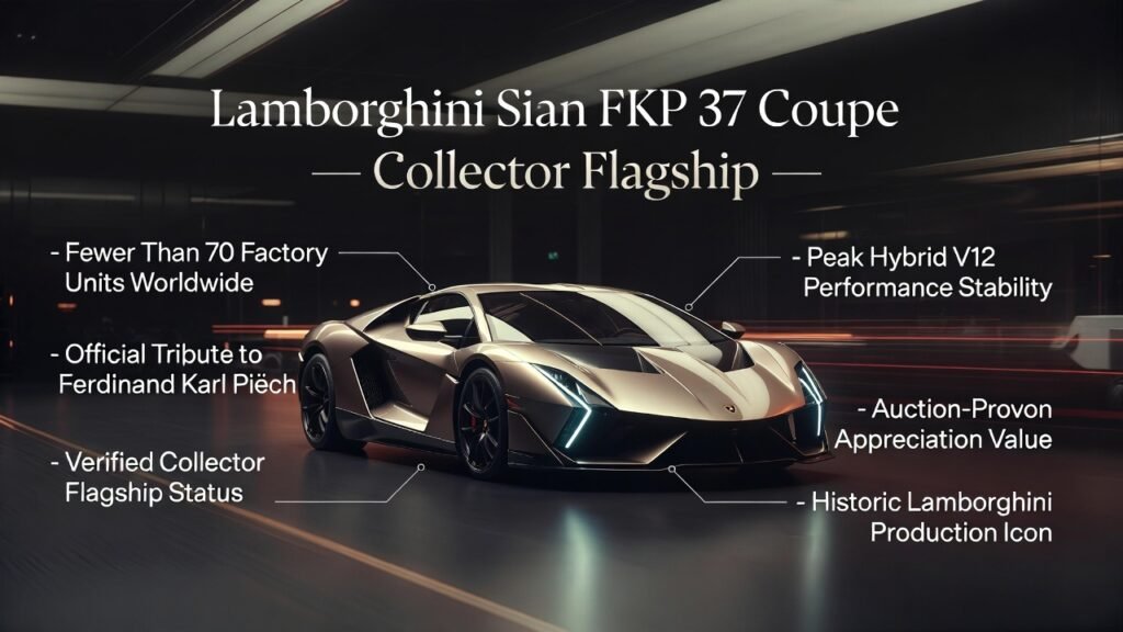 Cinematic ultra-realistic Lamborghini Sián FKP 37 Coupe centered in a luxury poster with bold title at top and animated side points highlighting its ultra-limited production and collector significance.