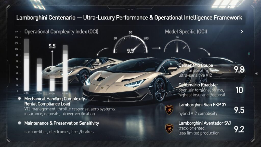 Infographic showing Lamborghini Centenario at center with side highlights of Operational Complexity Index (OCI), detailing mechanical, compliance, maintenance, and driver engagement metrics for elite hypercar variants.